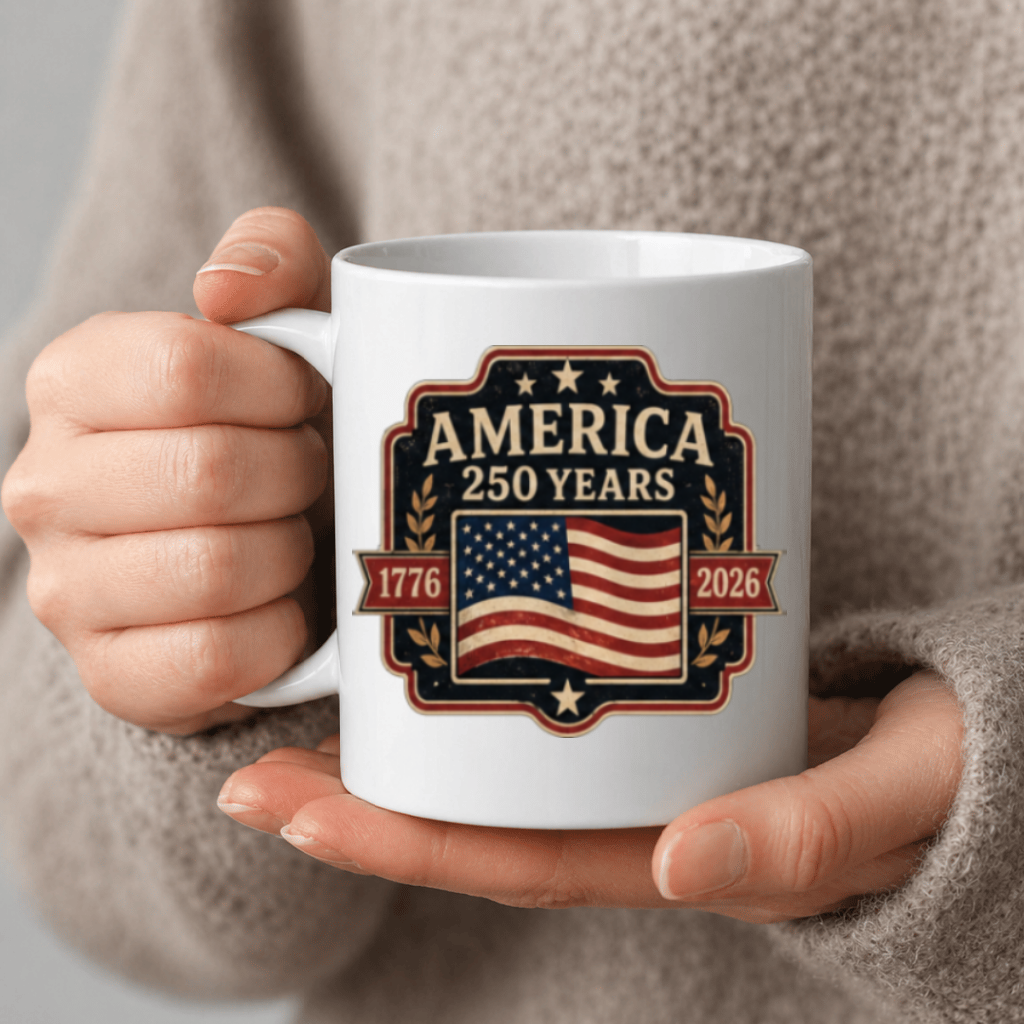 Vintage American 250th Anniversary 1776-2026 Patriotic White Mug - USA 1776-2026 Independence Day Gift for Men Women - back view